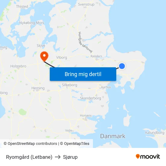 Ryomgård (Letbane) to Sjørup map