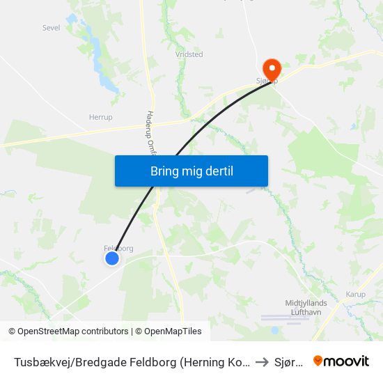 Tusbækvej/Bredgade Feldborg (Herning Kom) to Sjørup map
