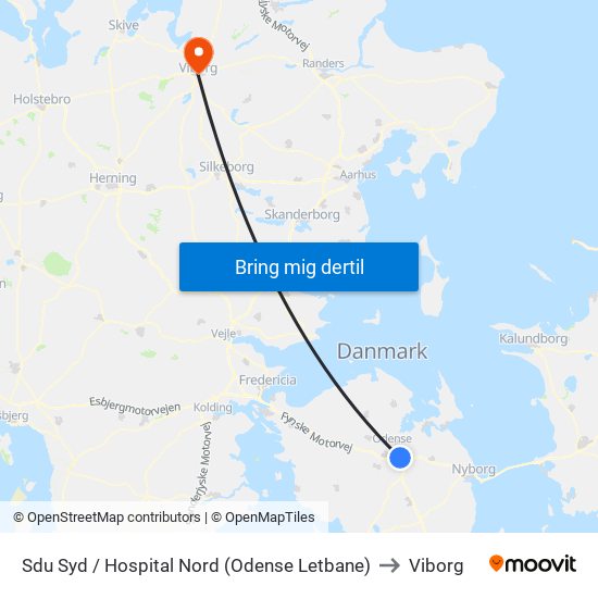 Sdu Syd / Hospital Nord (Odense Letbane) to Viborg map
