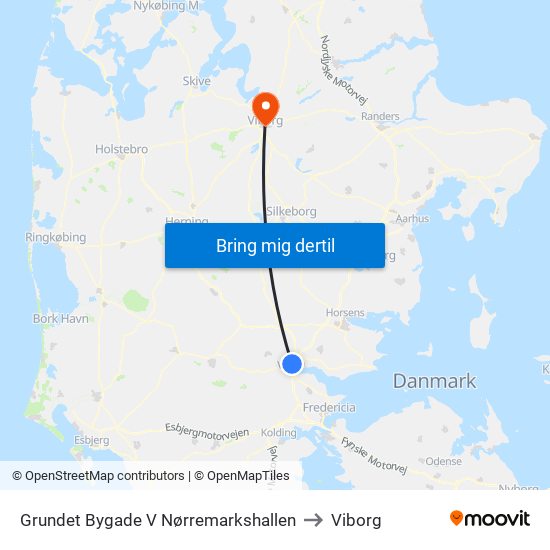 Grundet Bygade V Nørremarkshallen to Viborg map