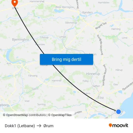 Dokk1 (Letbane) to Ørum map