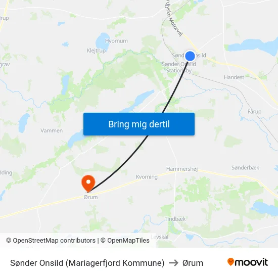 Sønder Onsild (Mariagerfjord Kommune) to Ørum map