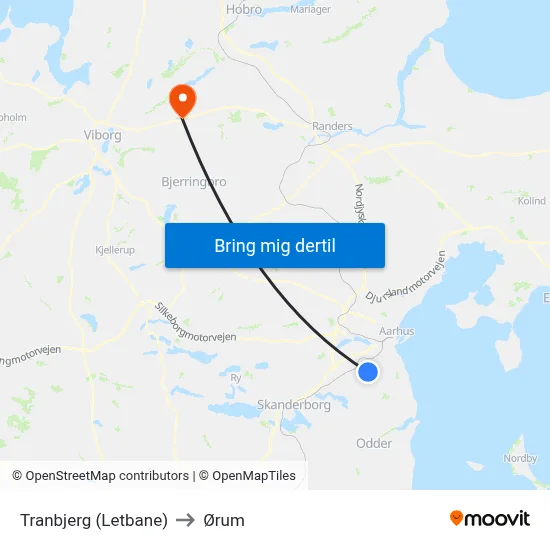 Tranbjerg (Letbane) to Ørum map