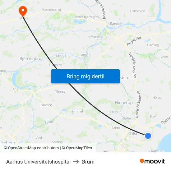 Aarhus Universitetshospital to Ørum map