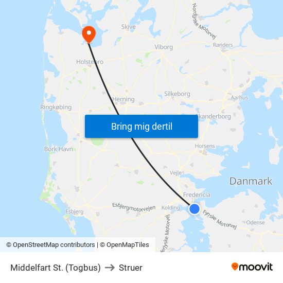 Middelfart St. (Togbus) to Struer map