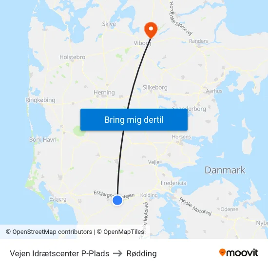 Vejen Idrætscenter P-Plads to Rødding map