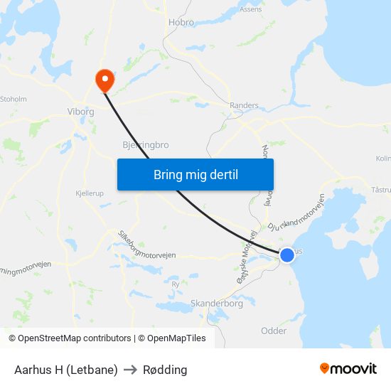 Aarhus H (Letbane) to Rødding map