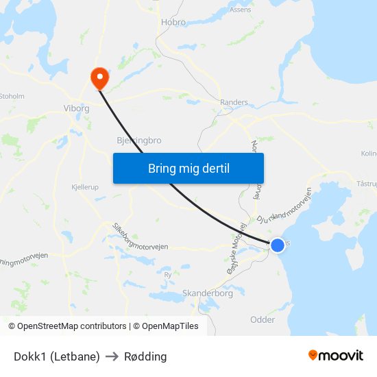 Dokk1 (Letbane) to Rødding map
