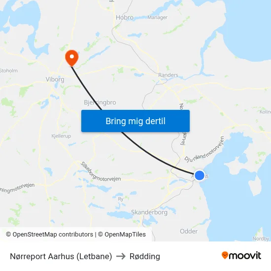 Nørreport Aarhus (Letbane) to Rødding map