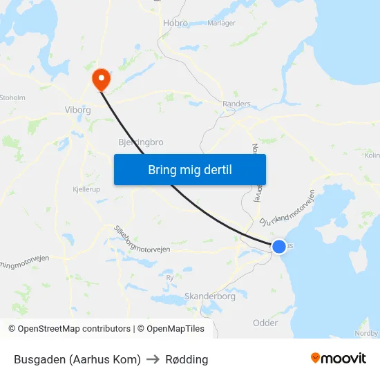 Busgaden (Aarhus Kom) to Rødding map