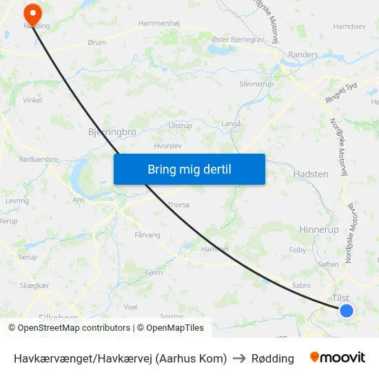 Havkærvænget/Havkærvej (Aarhus Kom) to Rødding map