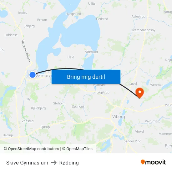 Skive Gymnasium to Rødding map