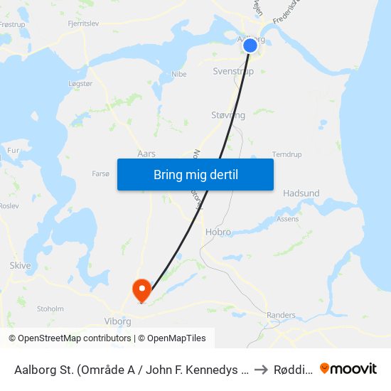 Aalborg St. (Område A / John F. Kennedys Plads) to Rødding map