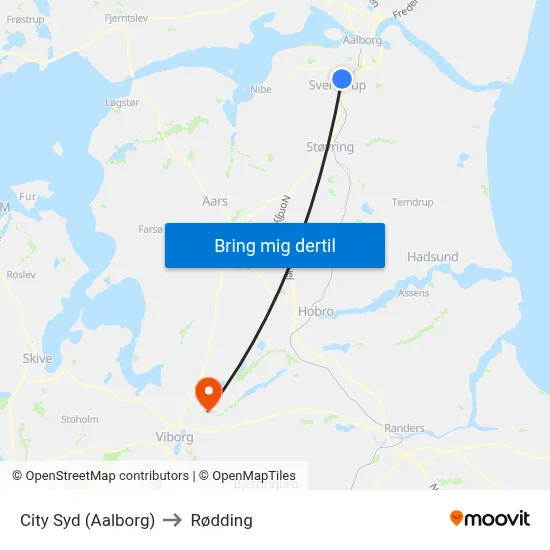 City Syd (Aalborg) to Rødding map