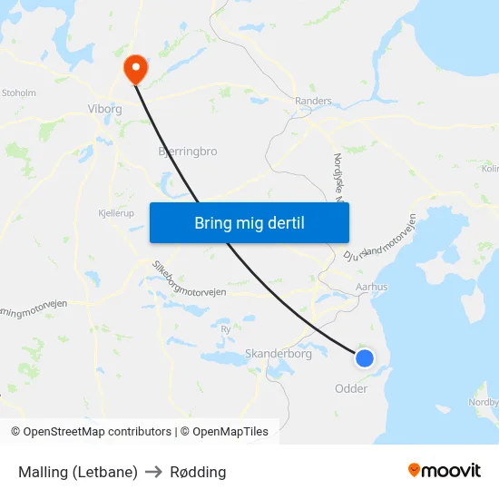 Malling (Letbane) to Rødding map