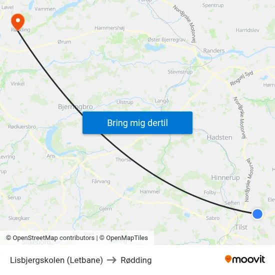 Lisbjergskolen (Letbane) to Rødding map