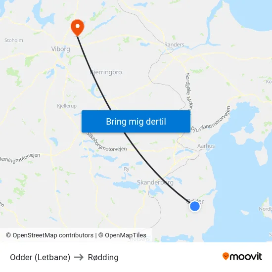 Odder (Letbane) to Rødding map
