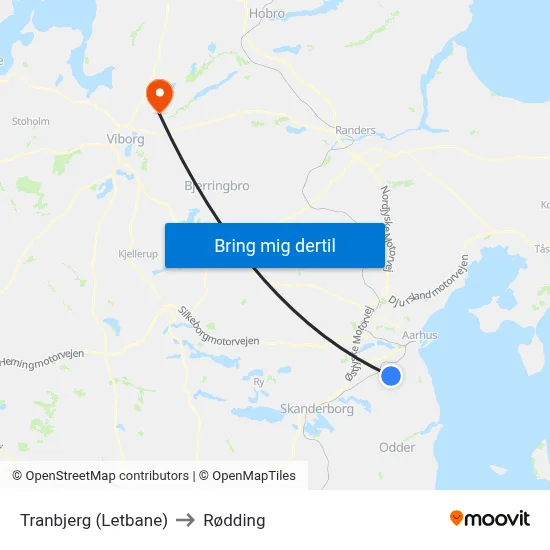 Tranbjerg (Letbane) to Rødding map