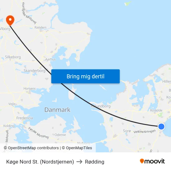 Køge Nord St. (Nordstjernen) to Rødding map