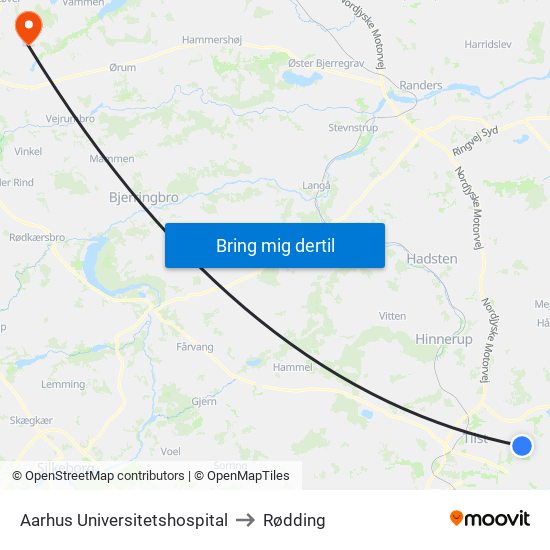 Aarhus Universitetshospital to Rødding map