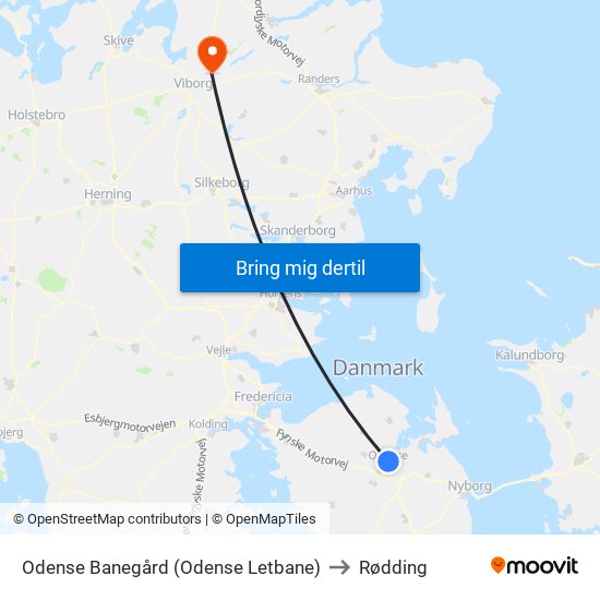 Odense Banegård (Odense Letbane) to Rødding map