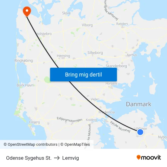 Odense Sygehus St. to Lemvig map
