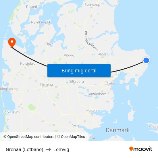 Grenaa (Letbane) to Lemvig map