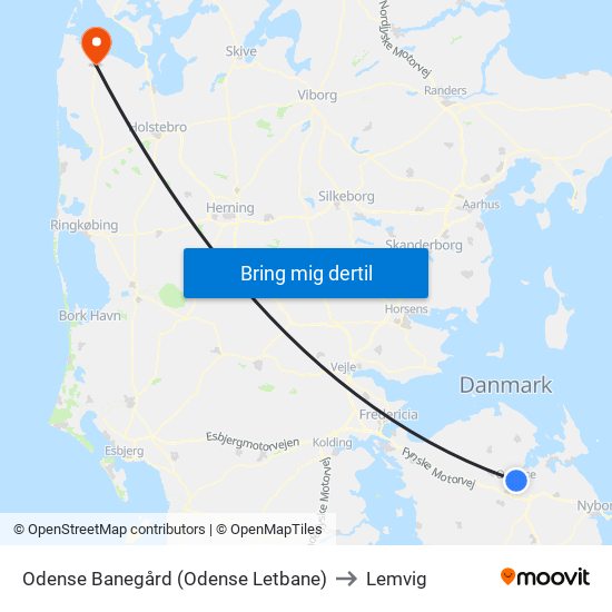 Odense Banegård (Odense Letbane) to Lemvig map