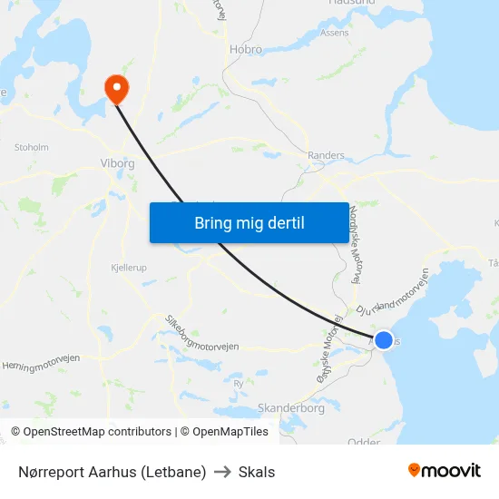 Nørreport Aarhus (Letbane) to Skals map