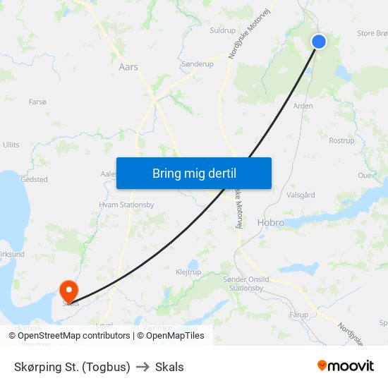 Skørping St. (Togbus) to Skals map