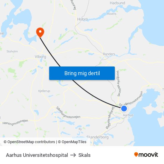 Aarhus Universitetshospital to Skals map