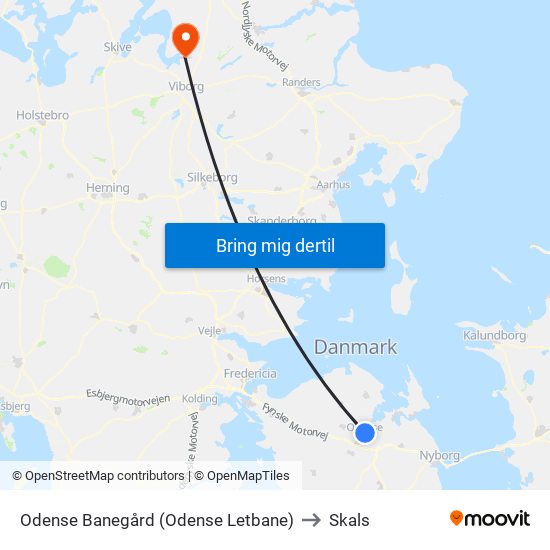 Odense Banegård (Odense Letbane) to Skals map
