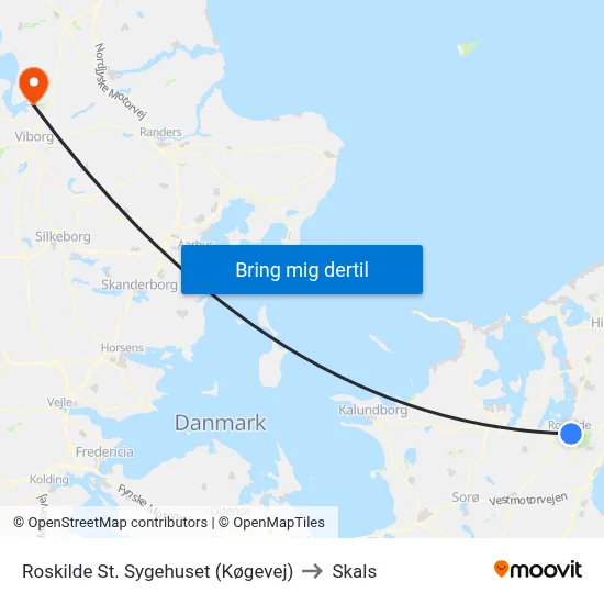 Roskilde St. Sygehuset (Køgevej) to Skals map