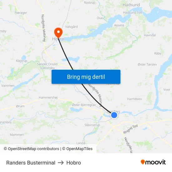 Randers Busterminal to Hobro map