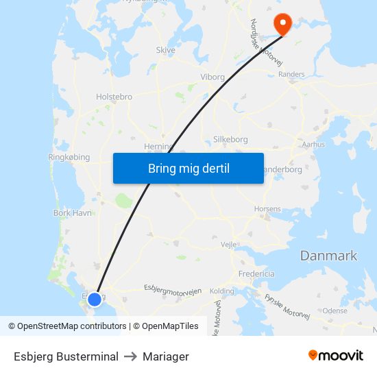 Esbjerg Busterminal to Mariager map