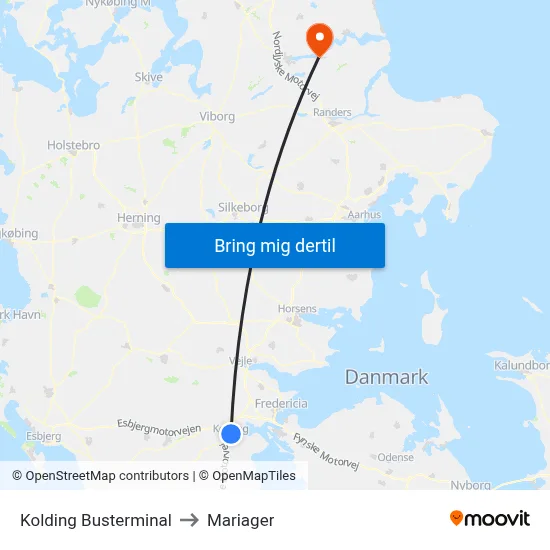 Kolding Busterminal to Mariager map