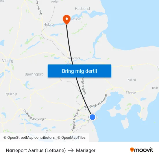 Nørreport Aarhus (Letbane) to Mariager map