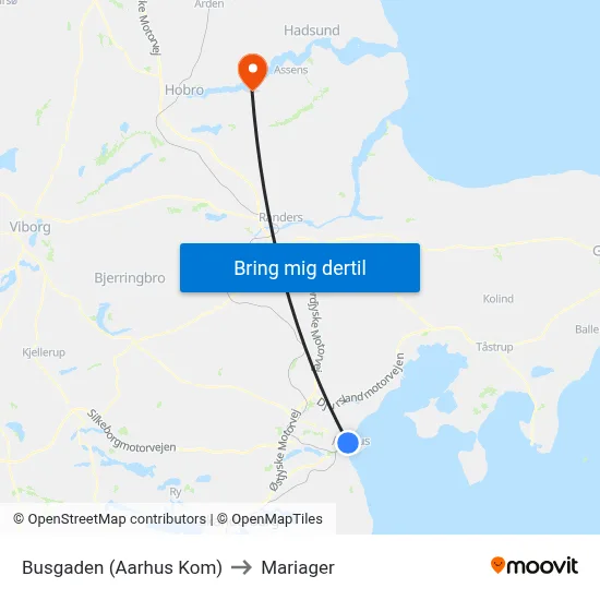 Busgaden (Aarhus Kom) to Mariager map