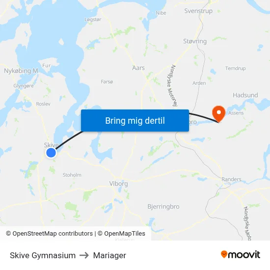 Skive Gymnasium to Mariager map