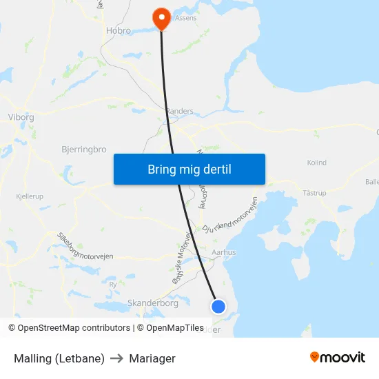 Malling (Letbane) to Mariager map