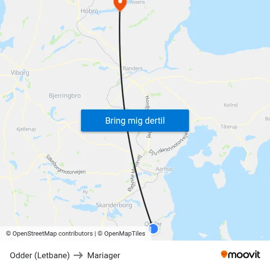 Odder (Letbane) to Mariager map