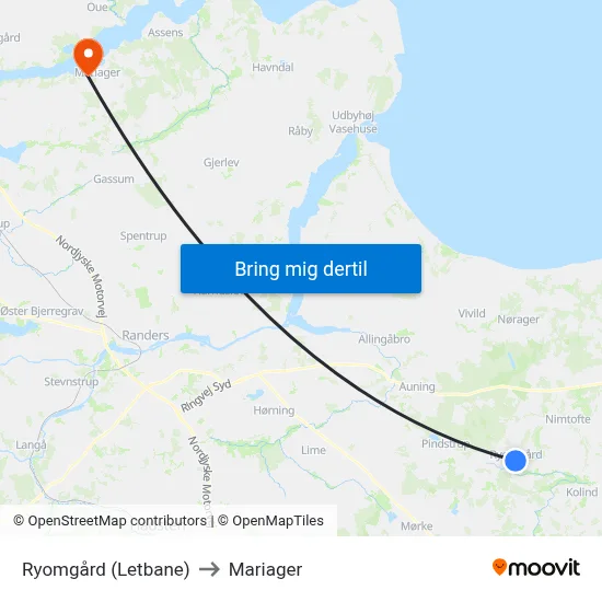 Ryomgård (Letbane) to Mariager map