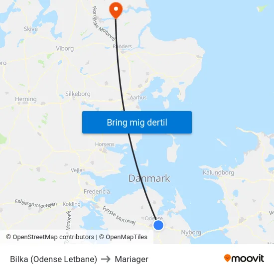 Bilka (Odense Letbane) to Mariager map