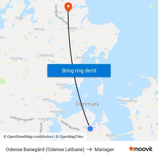 Odense Banegård (Odense Letbane) to Mariager map