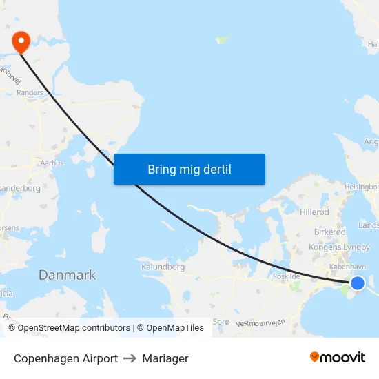 Copenhagen Airport to Mariager map