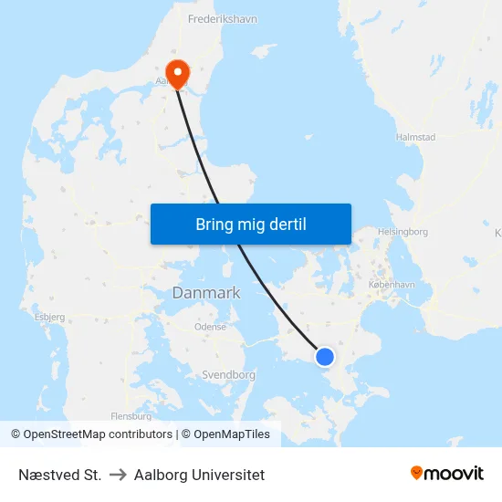 Næstved St. to Aalborg Universitet map