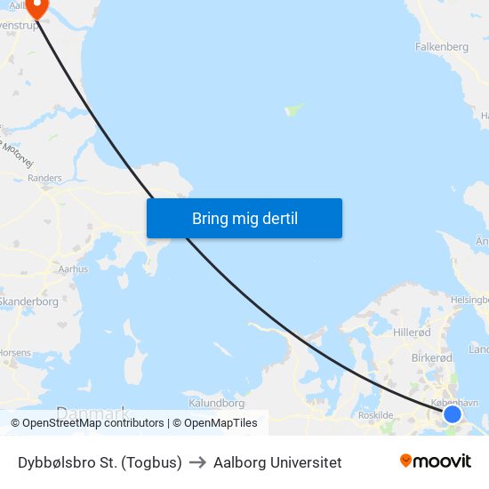 Dybbølsbro St. (Togbus) to Aalborg Universitet map