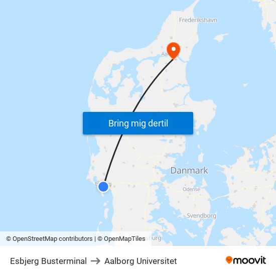 Esbjerg Busterminal to Aalborg Universitet map