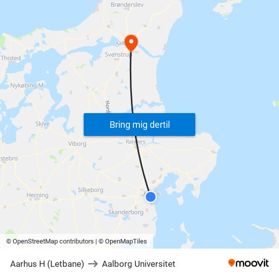 Aarhus H (Letbane) to Aalborg Universitet map
