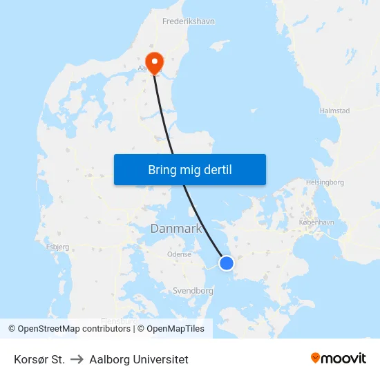 Korsør St. to Aalborg Universitet map